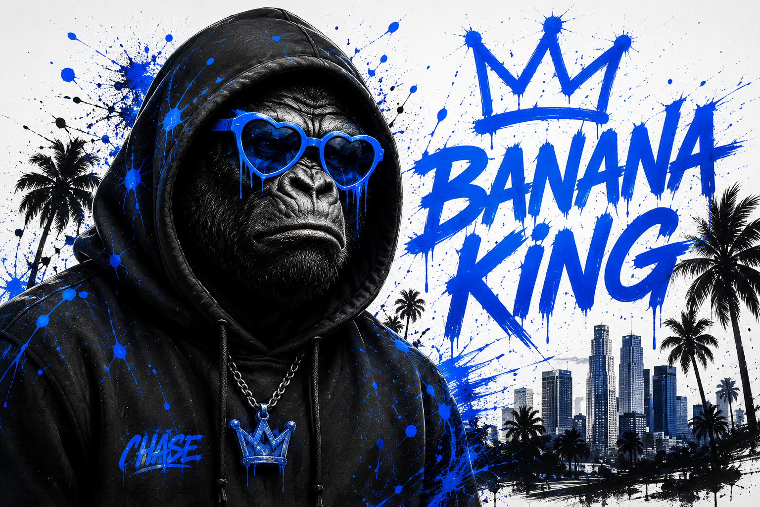 Banana King gorilla in a hoodie wearing blue heart glasses with palms and city graphics