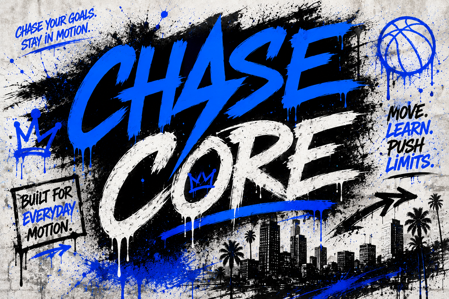 CHASE Core graffiti mural with built for everyday motion and move learn push limits phrases