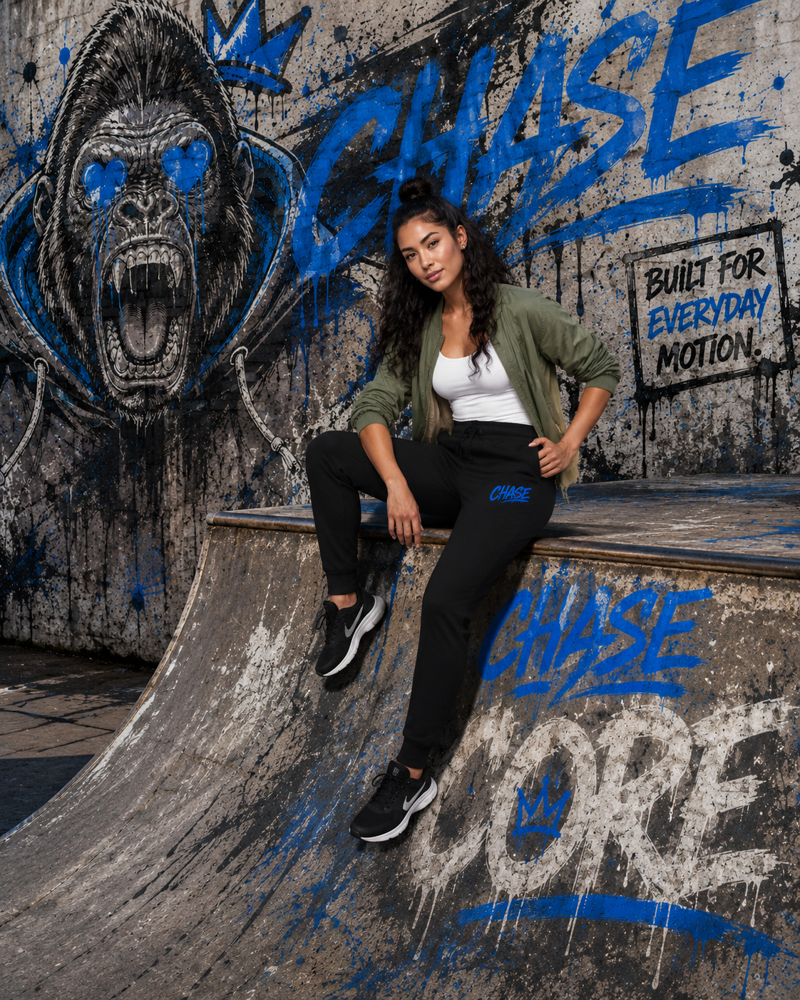 Model wearing black CHASE Core joggers at an urban skate spot