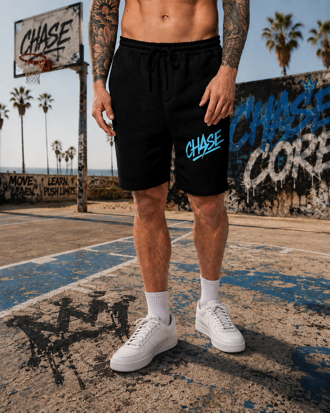 Black CHASE Core shorts on an outdoor basketball court